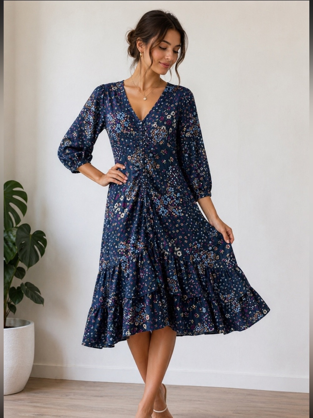 HERS Floral Print blue multi  tiered vneck midi Dress  sz 10 y2k cottage core